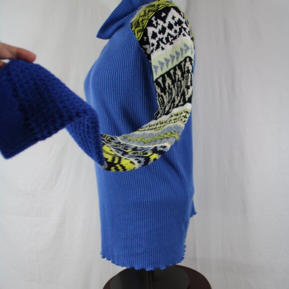 Free People Prism Mixed Media Top Sweater Blue Bell Combo Size Large Boho Winter - Picture 6 of 12